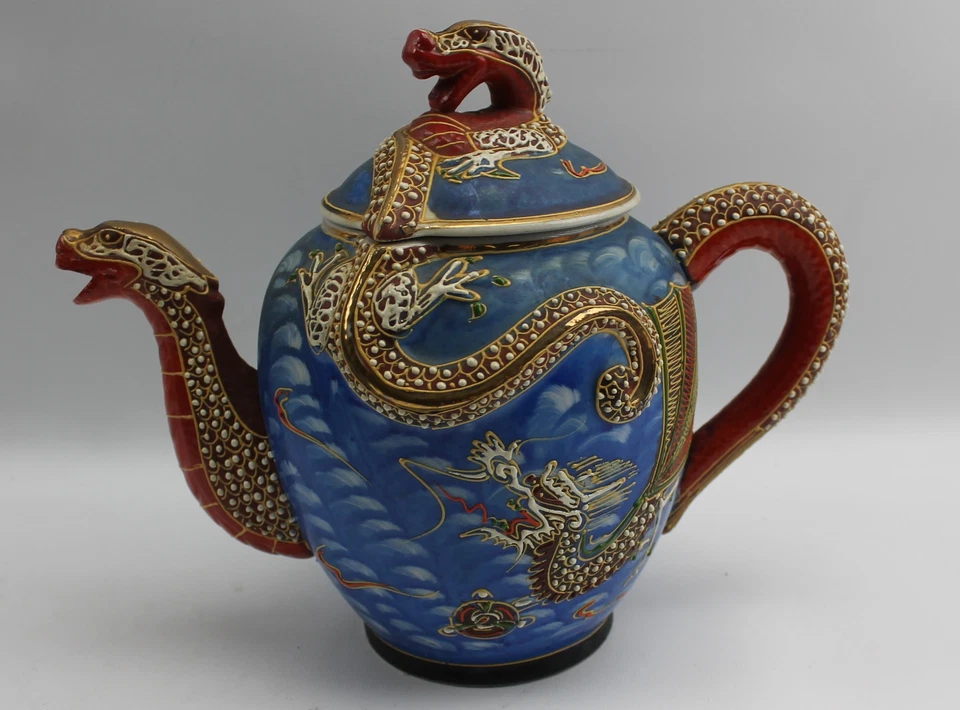 Juego de tetera dragón de porcelana Dragonware vintage azul naranja conjunto imagen foto Foto 4 de 4