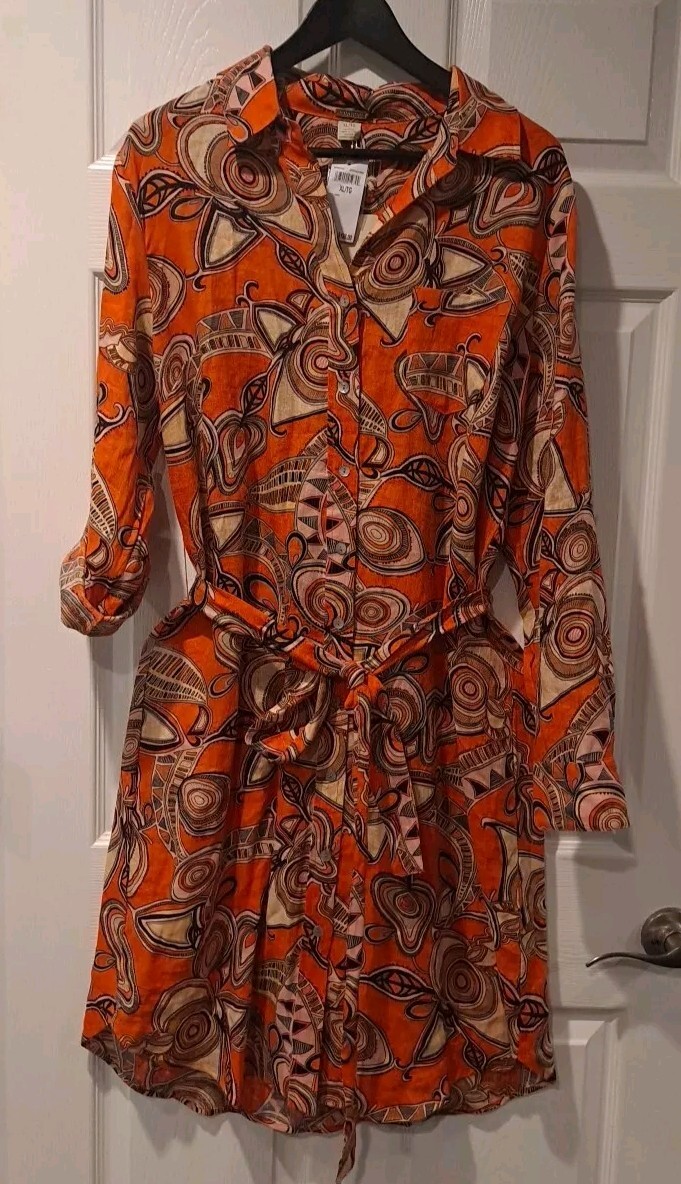 Magaschoni 100 % Linen dress Zentangle Print Size XL Orange