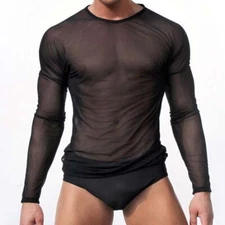 US Mens Sexy Mesh Fitted Shirt Top Long Sleeve See Through Muscle T-Shirts