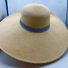 BP Light Brown Wide Brim Straw Paper Hat Blue White striped Ribbon  OS