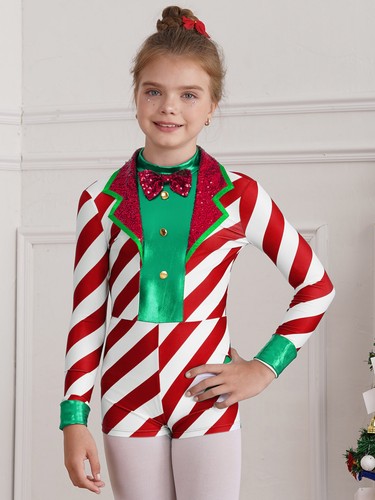 Kids Girl's Santa Ballet Dance Leotard One Piece Striped Bodysuits Dancewear - Picture 28 of 32