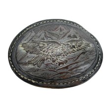 Eagle Flying with Mountains Belt Buckle Hand Finished Saddle Leather Vintage