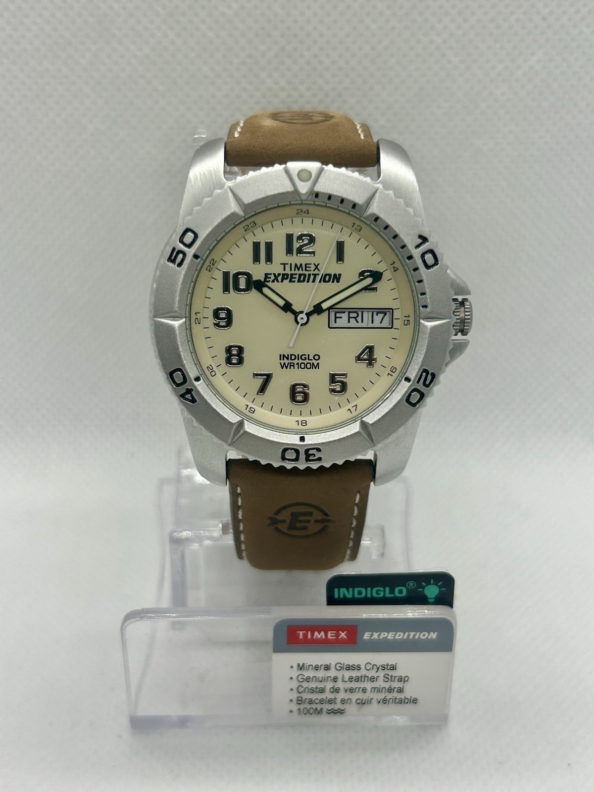 Timex Expedition Quartz Indiglo Day/Date 100m Beige Dial Brown Leather 38mm
