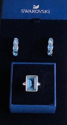 Swarovski Schmuckset Ring & Ohrringe Silber mit blauem Kristall rechteckig