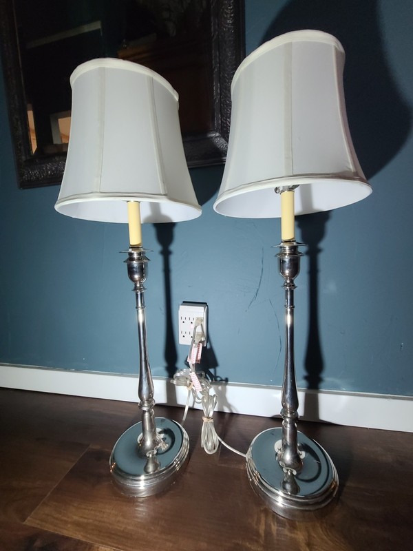 Pair of Vintage RALPH LAUREN Silver Candlestick Buffet Table Lamps 33"  W/Shades