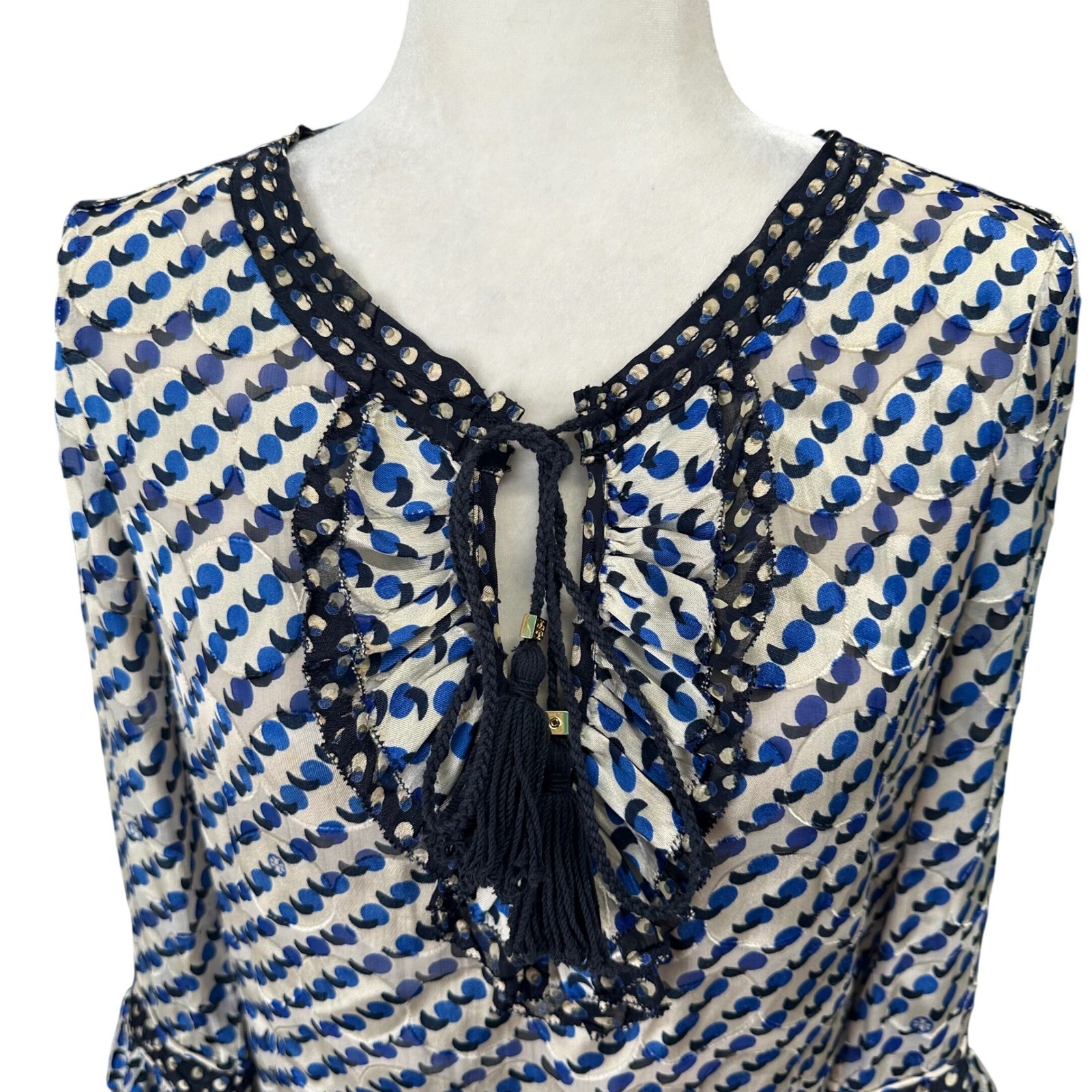 Tory Burch Womens Tunic Top Sz 4 Boho Geometric 3/4 Ruffle Sleeve Tassel Silk Bl thumbnail 7
