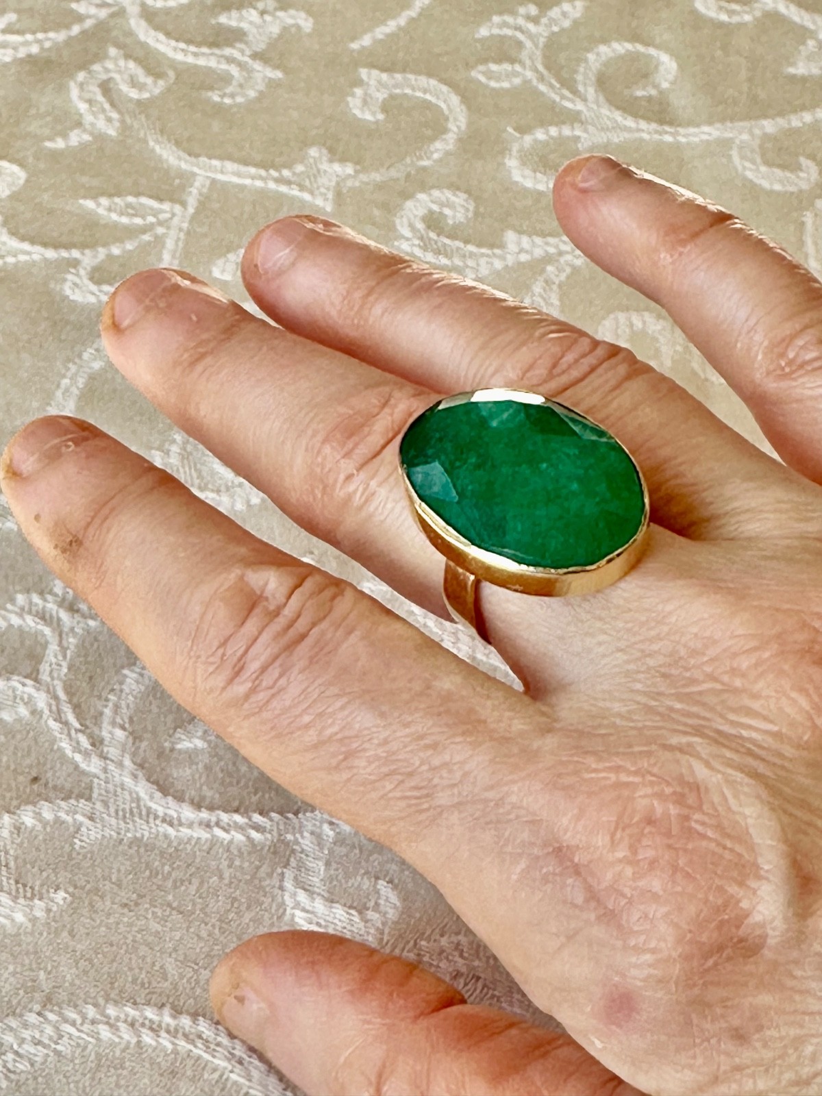 14k SOLID GOLD OVAL SOLITAIRE HUGE GREEN CHALCEDO… - image 13