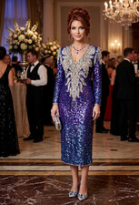 Halston ? Vtg Silk Cobalt Blue Purple Silver Sequined  Beaded Evening Dress Gown