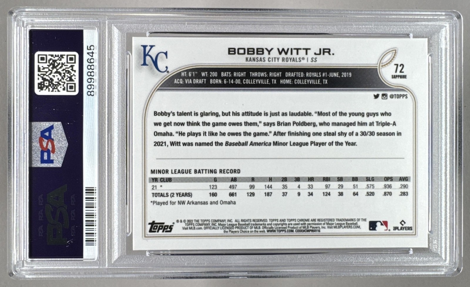 89988645 Bobby Witt Jr 2022 Topps Chrome Sapphire #72 Rookie RC PSA 10 view 2