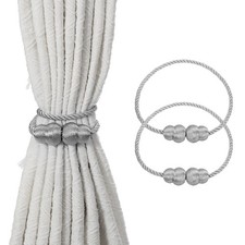 2Pcs Magnetic Curtain Tieback, Decorative Weave Curtain Tie Back, Silver Grey