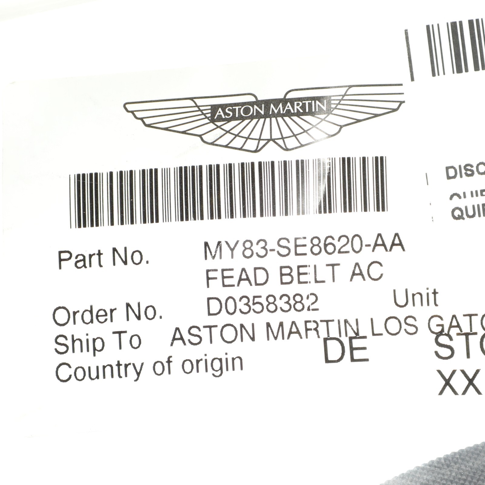 GENUINE ASTON MARTIN FEAD BELT AC NEW OEM MY83-SE8620-AA