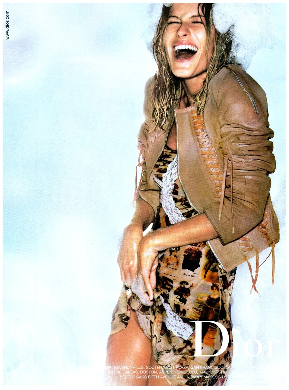 PRINT AD 2002 Christian Dior Y2K moda abito stampa bagnata modello Gisele Bundchen
