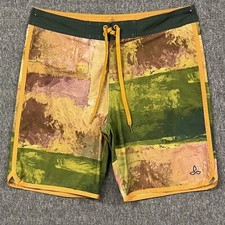 Prana Board Shorts Mens 34 Green Yellow Abstract Print Swim Trunks UPF 50 