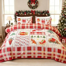 King Christmas Quilt Set 3-Piece, Reversible King 98"x106" Snowman Reindeer