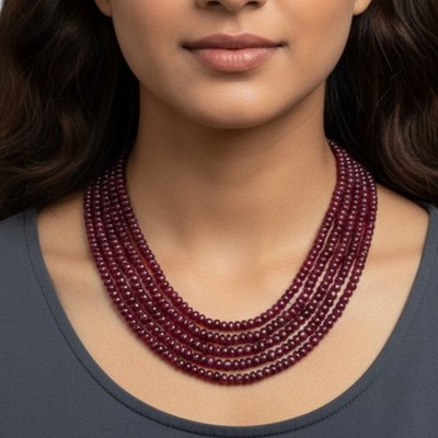 5 Strand Natural Ruby Necklace 3-6mm Plain Cabochon Beads 925 Silver Ruby Clasp