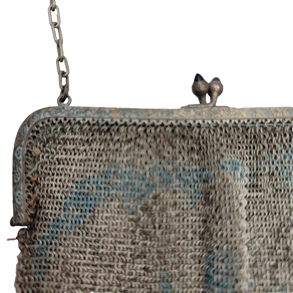 Старинный немецкий золотистый сетки вечер сумка монета сумочки с синий драгоценностями застежки - Изображение 2 из 4