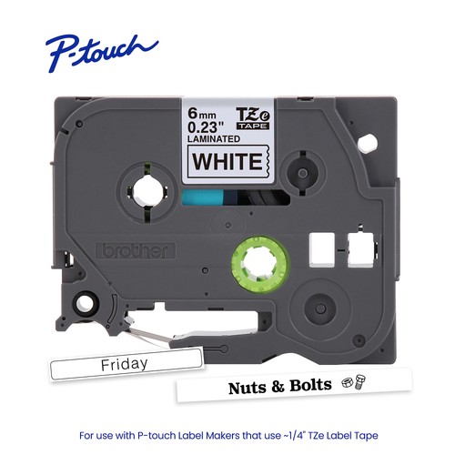 BROTHER P-TOUCH TZE211 LAMINATED LABEL TAPE, 1/4" X 26.2 FT 6MM X 8M - WHITE