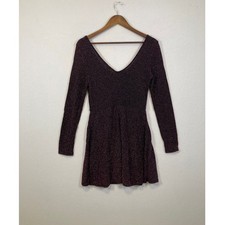 Charlotte Russe Womens Metallic Burgundy Skater Dress Long Sleeve V-Neck L