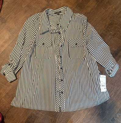    Notations Button Up Shirt Women s 2X Black White Striped Top