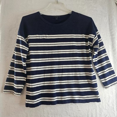 J. Crew Women Top Shirt Navy Blue White Stripe Cotton Size M 3/4 Sleeve Pullover