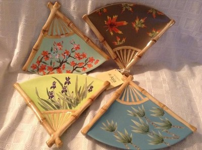 Brand New 4 Decorative Fan Plates Decorative fan-shaped plate with bamboo design
