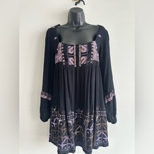 Free People Black Embroidered Mini Dress Open Back Long Sleeve Boho Dress Size S