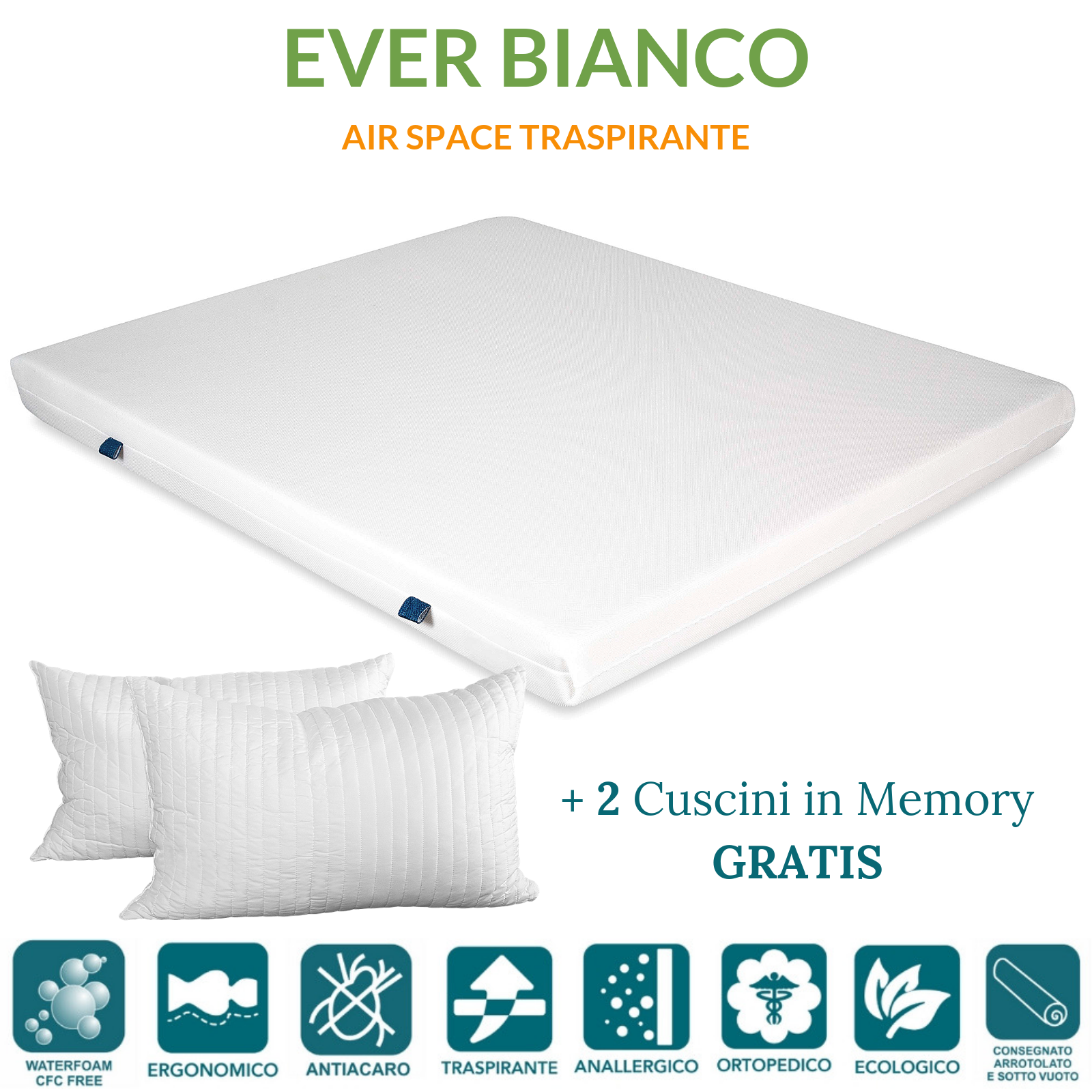 Materasso Matrimoniale 160x190 in Waterfoam ORTOPEDICO H 15 con Cuscini Memory