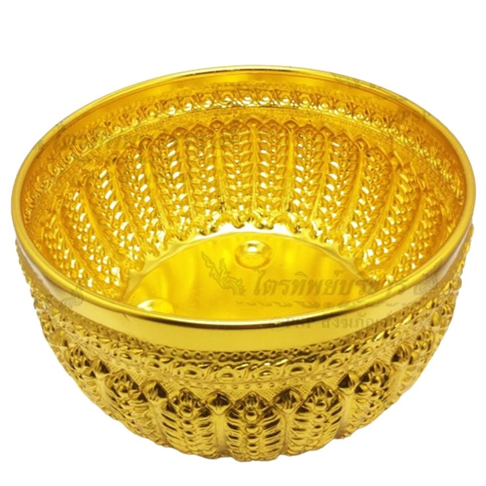 Очень большая 38 см классическая золотая чаша в винтажном стиле с тайским узором с тиснением алюминий - Изображение 3 из 4