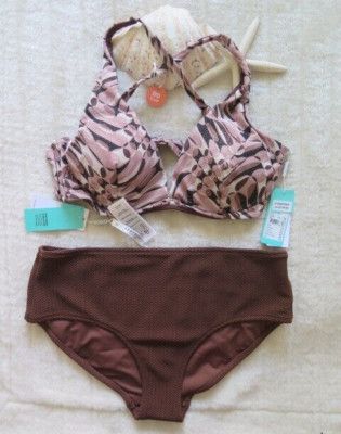 Seafolly 14DD Poolside Fixed Tri Bra Sepia & 16 Sea Dive Wide Retro Tiramisu