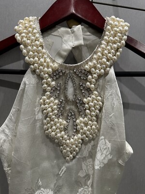 bead pearl work on dresses Shop Charming Cream Silk Pearl Gown With Bandhani Dupatta From Ethnic Plus XXL