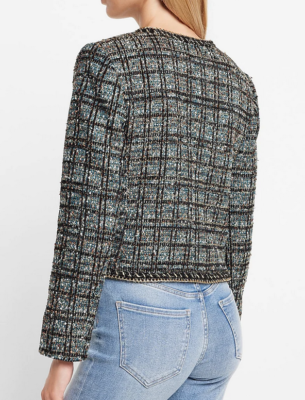 NEW EXPRESS METALLIC PLAID GOLD CHAIN TWEED JACKET IN MULTI TEAL