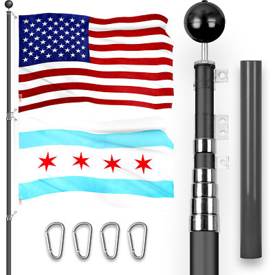 20Ft Telescoping Flagpole Black & American and Chicago City Flags Emb 300D 3x5Ft