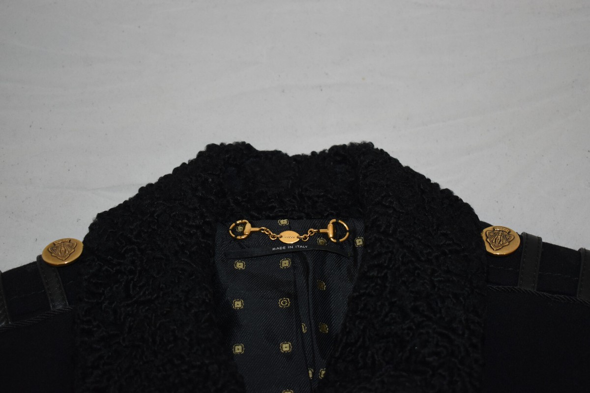Gucci Black Wool Cashmere Fur Gold Button Military Coat Jacket