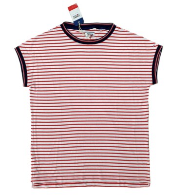 TOMMY JEANS DAMEN T-SHIRT TJW CREPE STRIPE TEE WOMAN NEUWARE ROT WEISS GESTREIFT