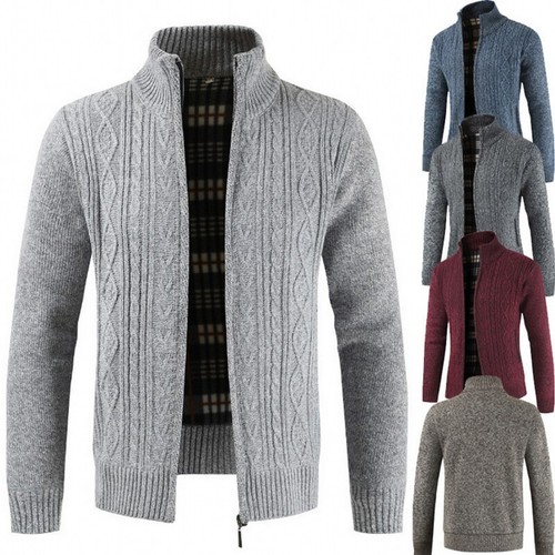 Mens Zip Up Thick Fleece Lined Cable Knit Cardigan Winter Knitted Warm