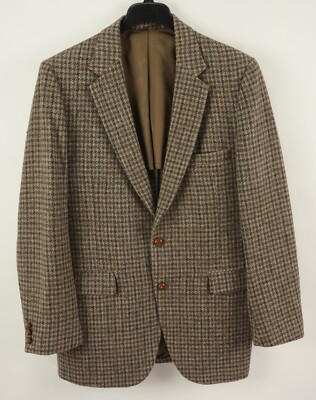 Vintage 1950s Harris Tweed 42R Gray Brown Blue Atomic Houndstooth