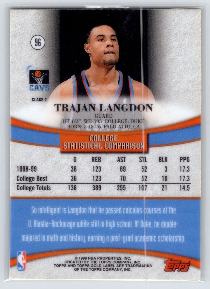 1999-00 Topps Gold Label Trajan Langdon Class 2 Rookie RC #96 Cavaliers - Image 2 of 2
