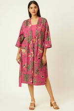Indian Pink Forest Printed Cotton Robes Beach Kimono Dress Robe Kimono Maxi Gown