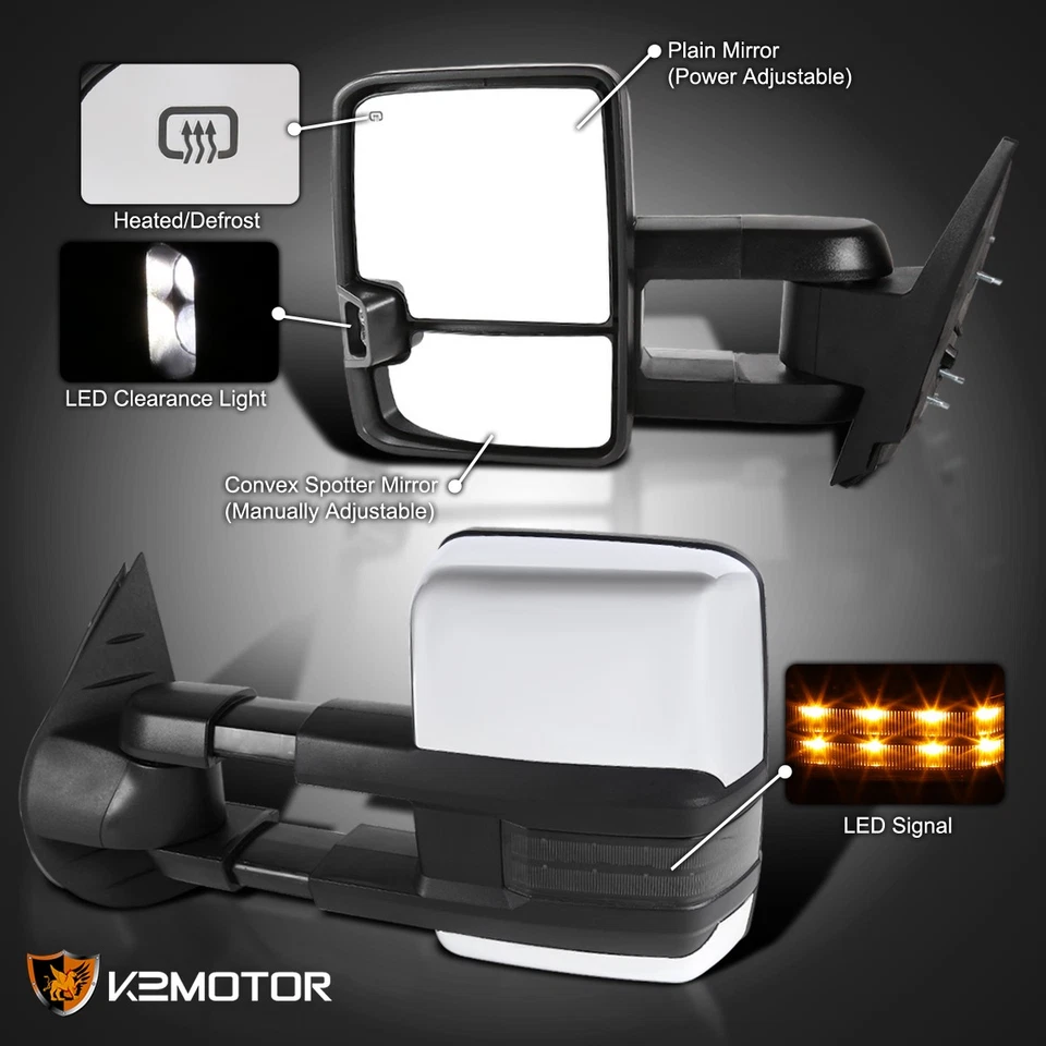 Fits 2007-2013 Silverado Sierra Power Heated Tow Mirrors Chrome+Smoke LED Signal - Изображение 3 из 4
