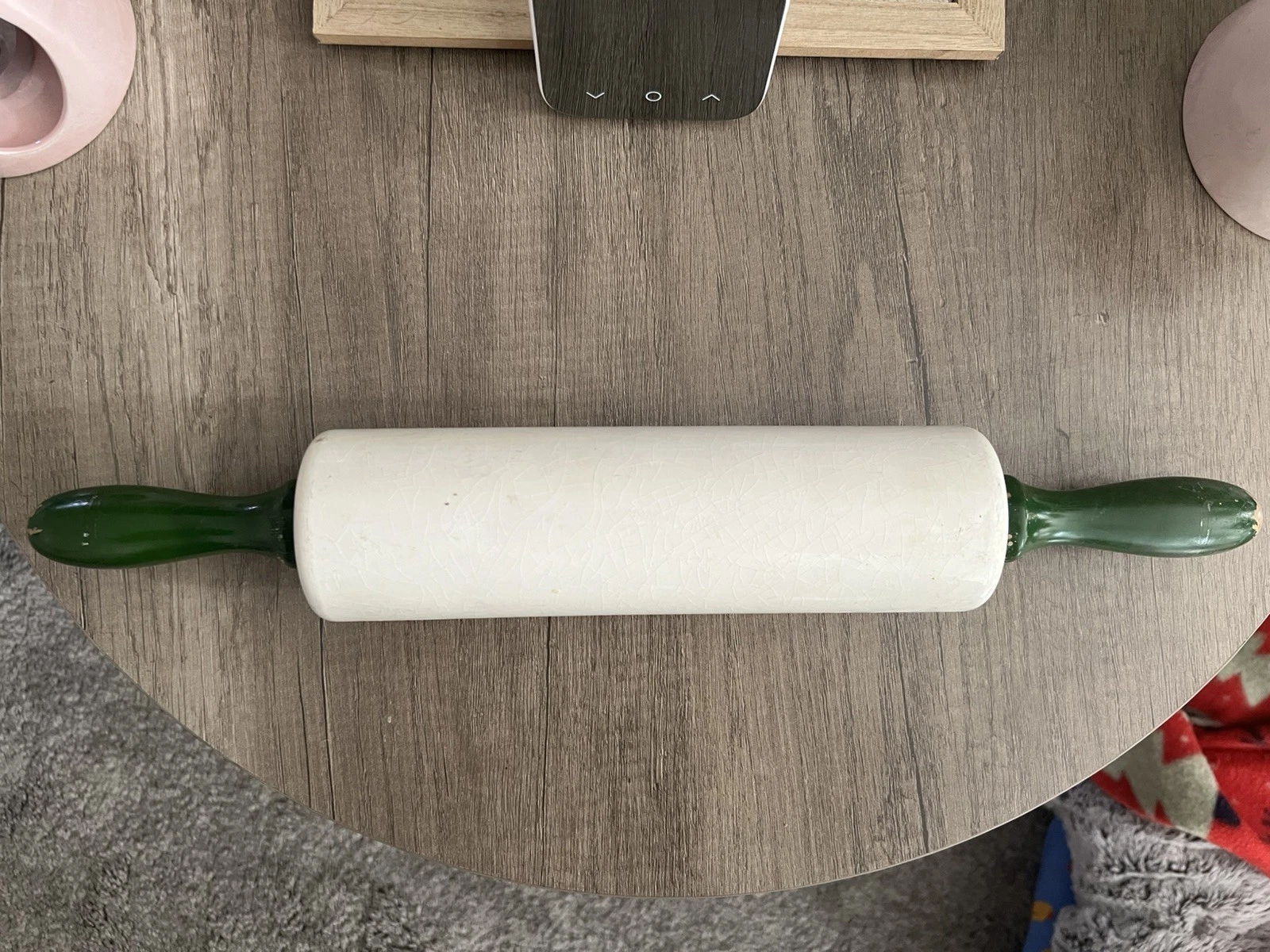 Vintage Nutbrown Ceramic & Wood Rolling Pin with Green Handles Made In England