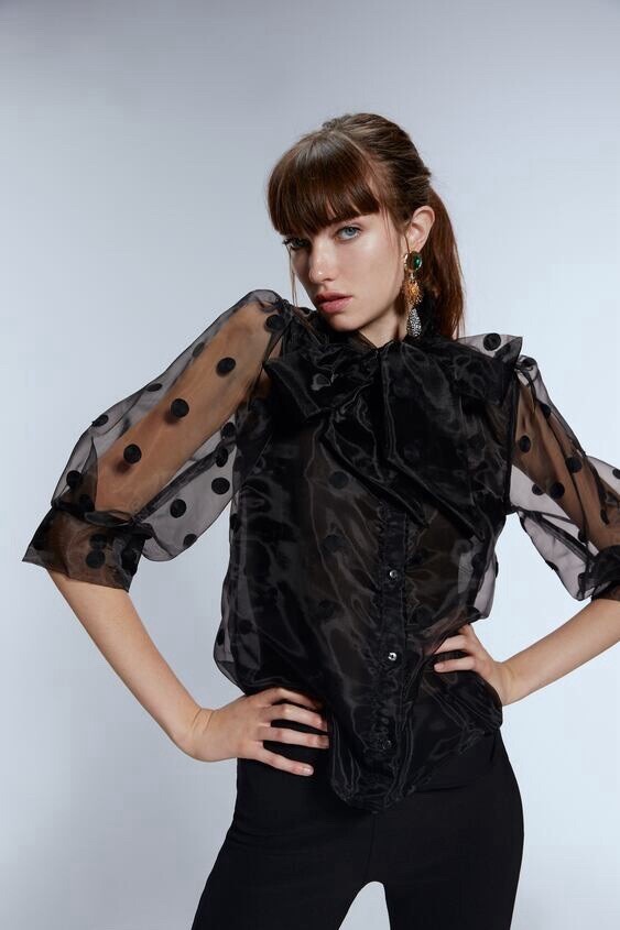 Zara Semi Sheer Chiffon Blouse Sz M Bow Polka Dot Feminine Goth Puff Sleeves