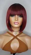 New Short Straight Bob Wrap Bangs Style Full Cap Burgundy Red Womens Hair Wigs