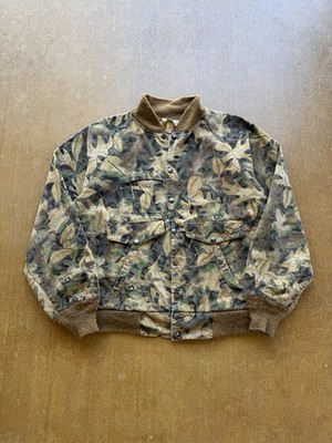 VTG 80s White Waters Camo Leaves Hunting Cotton Snap Bomber Varsity Jacket L