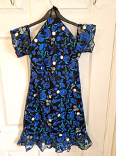 Pretty Little Thing Blue Embroidered Halter Neck Cold Shoulder Mini Dress UK 8