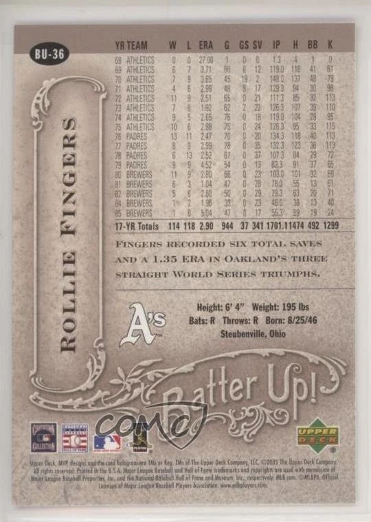 2005 Upper Deck MVP Batter Up Rollie Fingers #BU-36 HOF - Image 2 of 2
