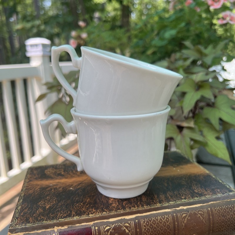 Vintage White Ironstone Coffee Tea Cups Pair Farmhouse Cottage Decor