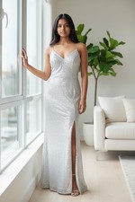 B. Smart White Sequin Formal Dress Size 11 | V Neck Sparkly Prom Gown Slit