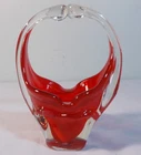 Vintage Art Glass Basket Red with Clear Handles Murano? 7"