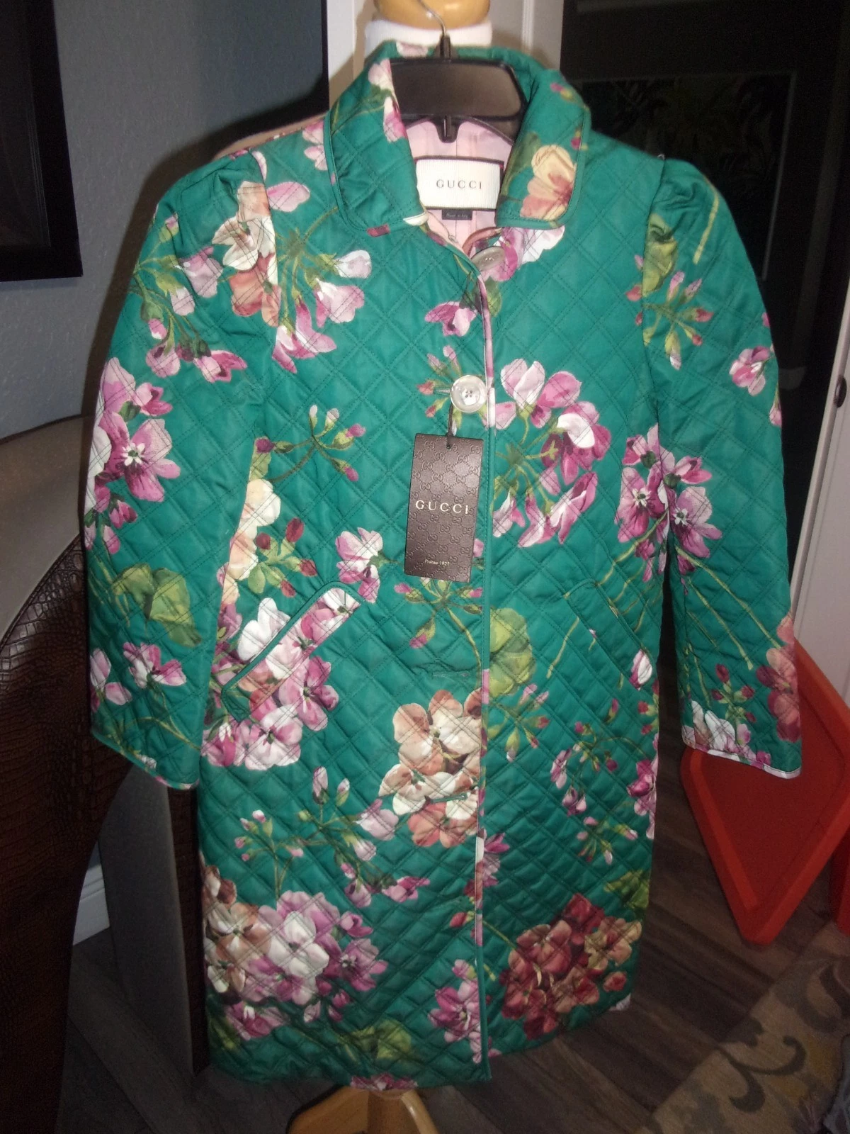 Cappotto Gucci verde stampa floreale cotone trapuntato bottoni davanti 38 M prezzo al pubblico $2800