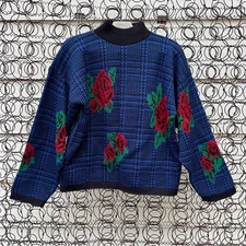 Vintage 80s Gitano black blue plaid knit mock neck sweater with rose design MED